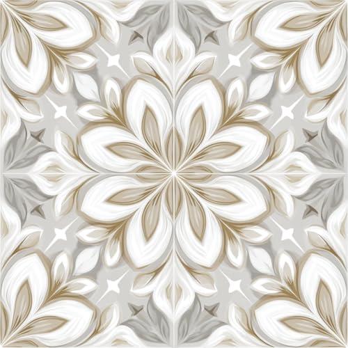 IOHEFY 10PCS Peel and Stick Floor Tiles 12x12 Inch Gray Beige Floral Pattern Self Adhesive Vinyl Flooring Square Planks for Kitchen Bathroom Bedroom Living Room Home Renovation DIY Decor