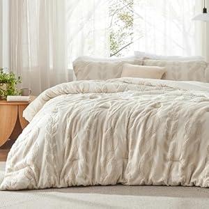 Bedsure Twin/ Twin XL Size Comforter Set Beige, Boho Tufted Bed Set, Farmhouse Jacquard Cable Knit Pattern Bedding, 2 Pieces, 1 Shabby Chic Fluffy Comforter & 1 Pillow Sham 