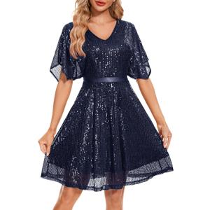 Wedtrend Women's Sparkly Sequin Dress Bat Sleeves Cocktail Dress Glitter Club Dress (S)
