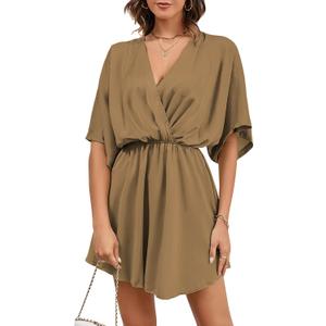 LYANER Women's Satin V Neck Twist Ruffle Flowy Swing Short Sleeve Elegant Mini Dress (Medium, Brown)