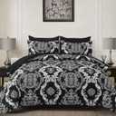 WONGS BEDDING 7 Pieces Comforter Set Queen Size, Black White Texture Bedding Set for All Season, Damask Soft and Breathable Bed in a Bag with Comforter, Flat Sheet, Fitted Sheet, Pillowcases & Shams