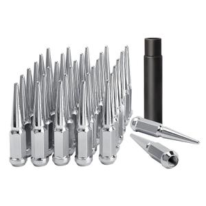 DYNOFIT 9/16-18 Wheel Spike Lug Nuts, 32x Chrome 9/16 inchx18 Lug Nut with 1 Socket Key, DYNOFIT 4.4'' Tall Closed End Lug Nuts for 1994-2011 Dodge Ram 1500 2500 3500/1988-1998 F250 F350 (Silver)