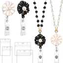 2 Set Beaded Badge Lanyard with ID Holders for Christmas Gift Badge Reels Retractable Necklace Lanyards for Nurses and Teacher Pearl Name Holder with Pearl for Girl Women(Flower)