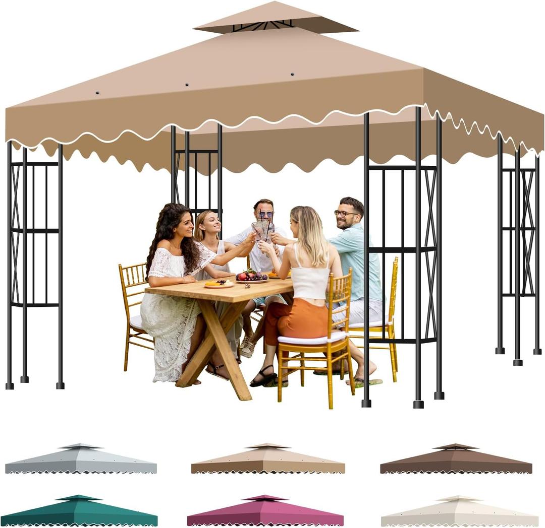 10x10 Double Tiered Gazebo Replacement Canopy, Upgraded 300D Polyester Heavy Duty Canopy Cover Top with Air Vent, Waterproof Gazebo Cover Roof for Outdoor Patio Garden (Khaki, Wavy Edge)