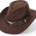 Felt Fedora Western Cowboy Hat for Women Men Rolled Wide Brim Retro Rodeo Cowgirl Hat with Buckle Belt (Medium-Large, Brown-bull Buckle Belt Decor)