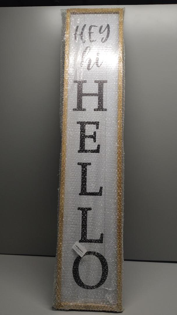 Hey Hi Hello Welcome Sign For Front Porch Standing 45"X9" Large Outdoor Tall Wood Frame Vertical Wall Decor Rustic Farmhouse Outside Home Modern Front Door Board Decoration 