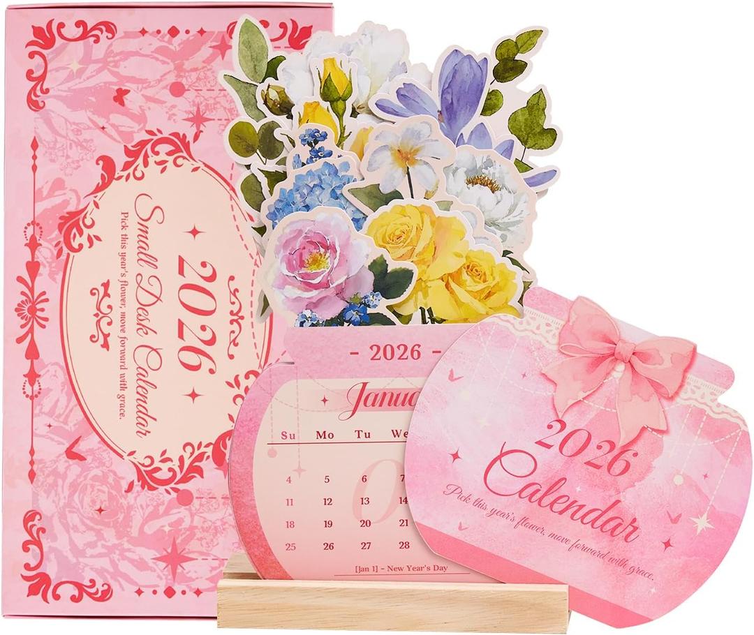 Floral Desk Calendar 2026, Cute Monthly Calendars with Wood Base, Run January 2026 to June 2027, Small Gift for Women,Friends,Wife,Coworker,Thanksgiving Day,Christmas 8.1"  4.7" (Pink)