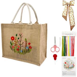 SNAIL GARDEN Linen Tote Bag DIY Embroidery Kit for Beginners with Scarf, Printed Cross Stitch Craft Kit with Thread, Needle & Guide  Reusable Grocery Bag for Women