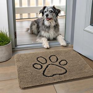 Smiry Dog Door Mat for Muddy Paws, Absorbent Dirt Trapper Non Slip Quick Dry Washable Chenille Mat for Mud Dogs, Entry Rug for Indoor and Outdoor (24x16 Inches, Camel and Black)