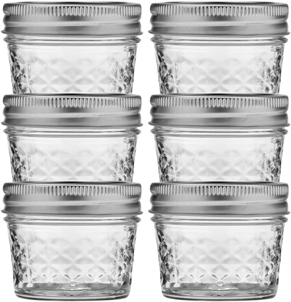 Ball Wide Mouth Quilted Crystal Jelly Jars with Lids and Bands, Used for Canning, Pickling, Juice, Jam, Jelly, Quarter Pint Size (4 Ounce (Pack of 6))