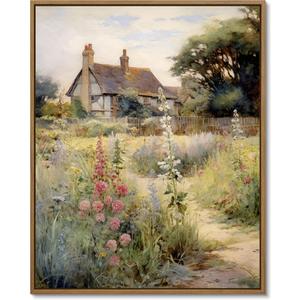 Gardenia Art English Cottage Garden Canvas Wall Art Nature Flowers Scene Wall Pictures Framed French Country Decor Painting for Bedroom, Bathroom, Living Room Farmhouse Aesthetic Room Decor 8x10 Inch
