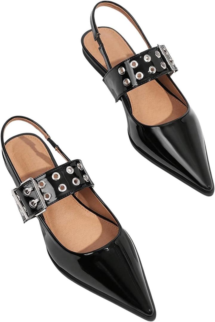 Floerns Women's Buckled Straps Pointed Toe Slingback Flat Ballerina Shoes (7.5, Black)