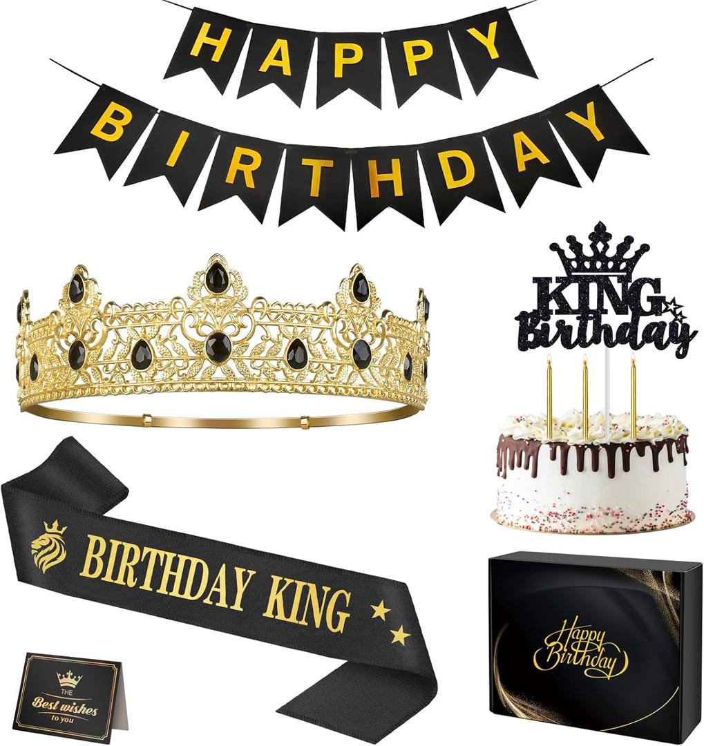 Birthday Gifts for Men, Birthday Decorations for Men, Party Decor Supplies including King Crown & Sash & Banner & Cake Topper & Candles