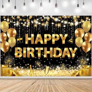 Happy Birthday Banner - Birthday Decorations for Men Women Birthday Party Banners Welcome Happy Birthday Background Sign for Theme Party Decorations Indoor Outdoor Black Gold (BG-222)