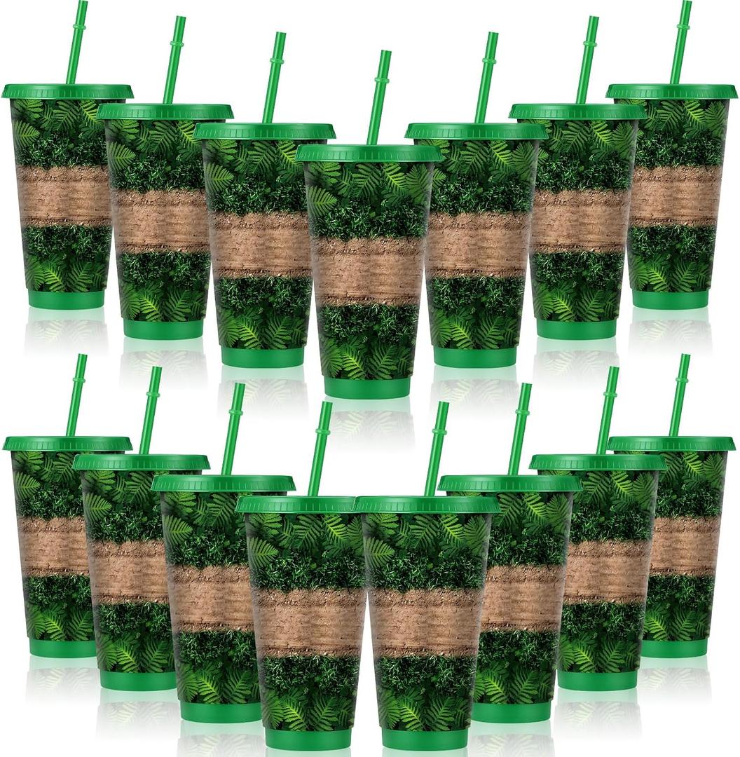 Jingmore Dinosaur Party Cups 24oz Reusable Forest Path Theme Plastic Tumblers with Lid and Straws Green Dino Jungle Drinking Cup for Baby Shower Picnic Camping Tropical Party Favor Birthday Decoration