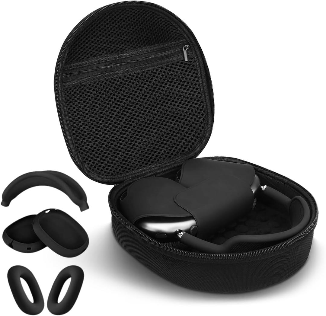 3 in 1 Silicone Cover and Case for Apple Airpods Max Headphones, AirPods Max Hard Case and Anti-Scratch Ear Pad Case/Ear Cups/Headband Covers Accessories (Black)