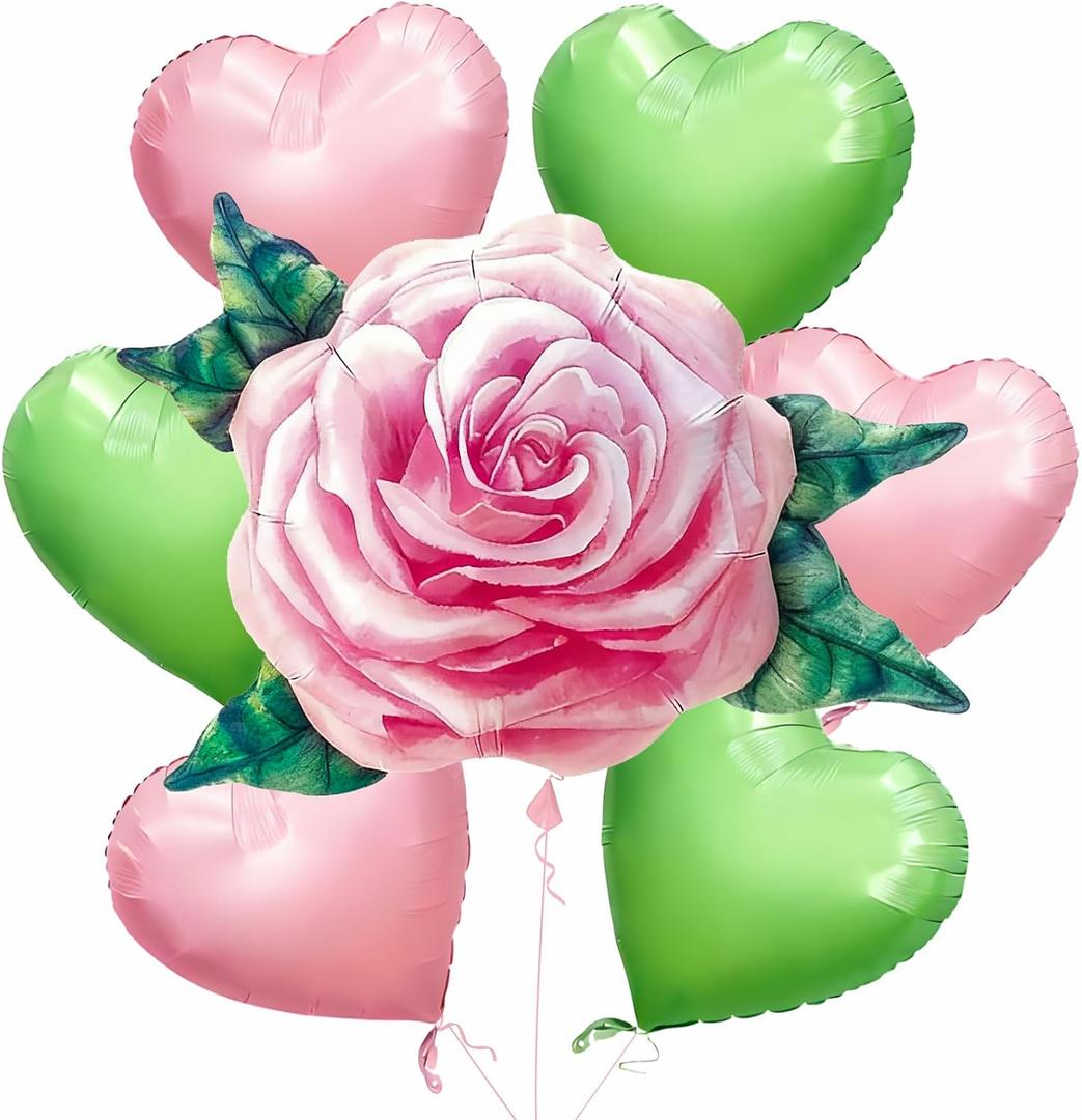 3 x 7PCS Rose Heart Balloons, 31 Inch Pink Flower Balloon with 6PCS 18 Inch Love Balloons, Romantic Party Decorations for Valentine’s Day, Mother’s Day, Wedding and Anniversary (Pink Rose)