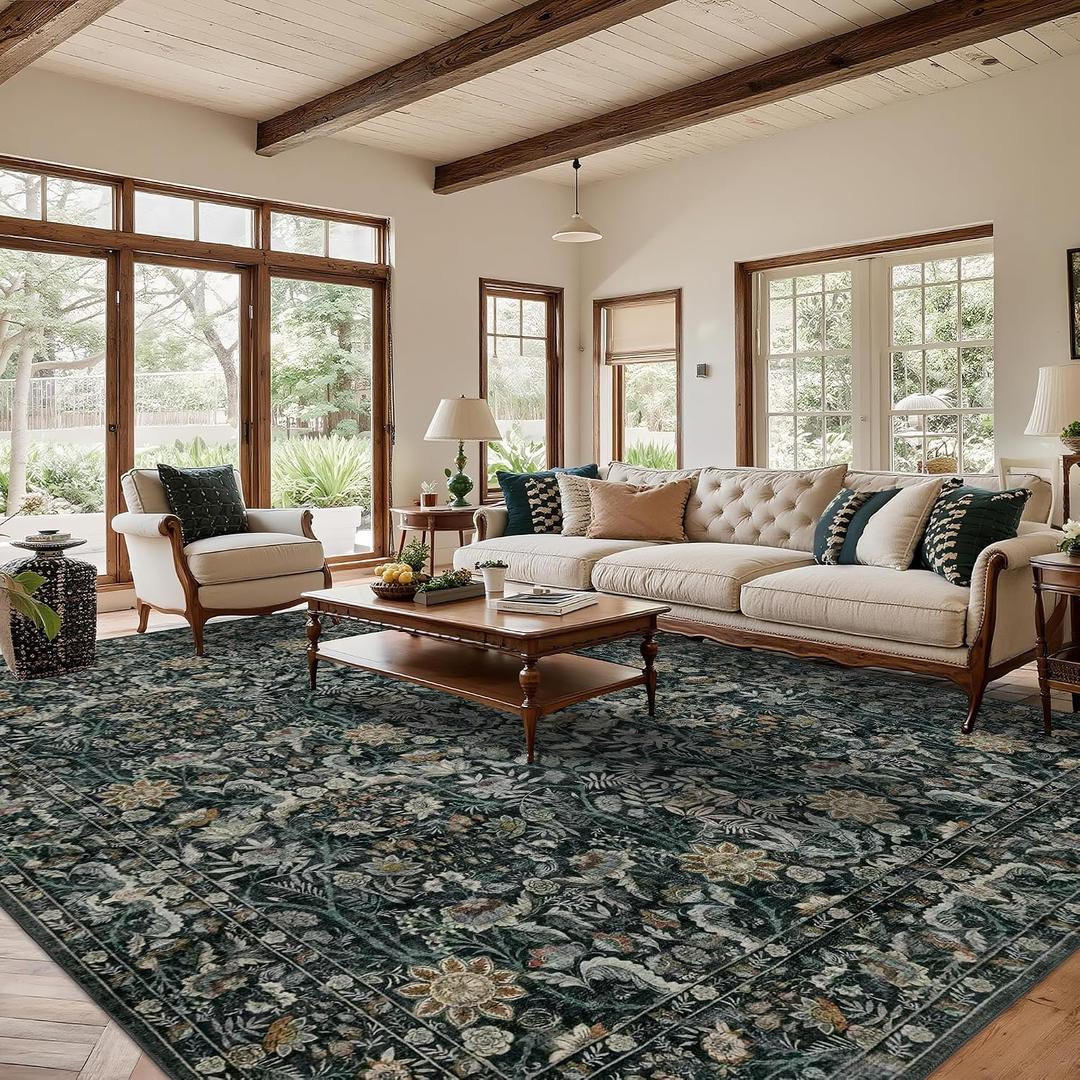 Green 9x12 Area Rug: Vintage Floral Washable Rugs for Living Room Bedroom Dining Room - Soft Non-Slip Stain Resistant Low Pile Carpet Under Kitchen Table Office Indoor - Dark Green