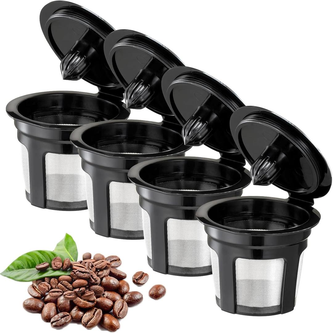Reusable K Cups, Universal Fit Reusable Coffee Filters with Food Grade Stainless Steel Mesh Eco-Friendly Coffee Pods, for 1.0 and 2.0 Brewers (4)
