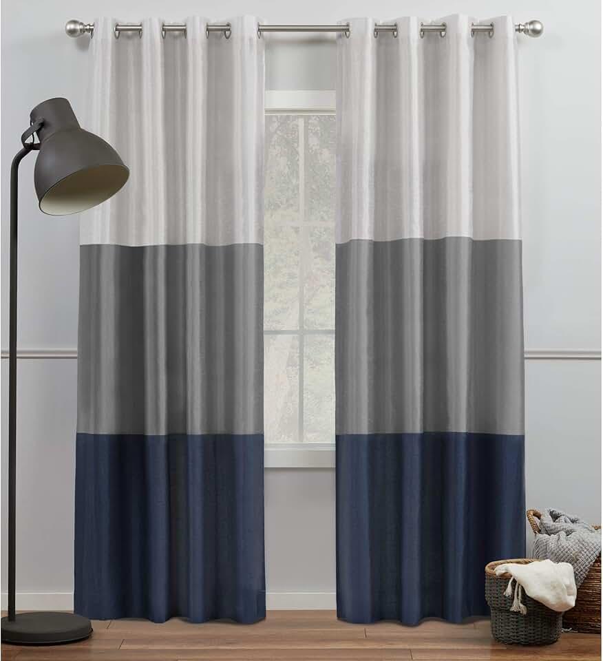 Exclusive Home Chateau Striped Faux Silk Grommet Top Curtain Panel Pair, 54"x96", Navy Grey OEKO-TEX STANDARD 100