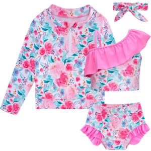 Funnycokid Baby Toddler Girls Swimsuit 4 Piece Bathing Suit Long Sleeve Rash Guard Sets 12 Months - 7 Years (A4 Floral Pink)