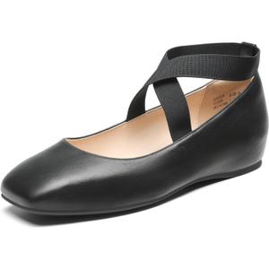 DREAM PAIRS Women's Ballet Flats, Comfortable Slip-On Square Toe Dress Shoes with Elastic Ankle Straps (9.5, Black-pu)