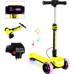 24V Electric Scooter for Kids w/150W Powerful Motor, Thumb Throttle, LCD Screen, Bluetooth, Light-Up Stem Deck & Wheels, 3 Adjustable Heights, 5MPH Safe Speed, 3 Wheel Electric Scooter for Kids