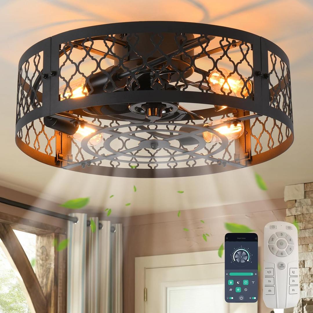 Garwarm 20in Caged Ceiling Fan with Light,Bladeless Black Fandelier Ceiling Fan with Remote,Industrial Farmhouse Flush Mount Ceiling Fans Light Fixtures for Kitchen,Bedroom,Living room6 Speed,Timing