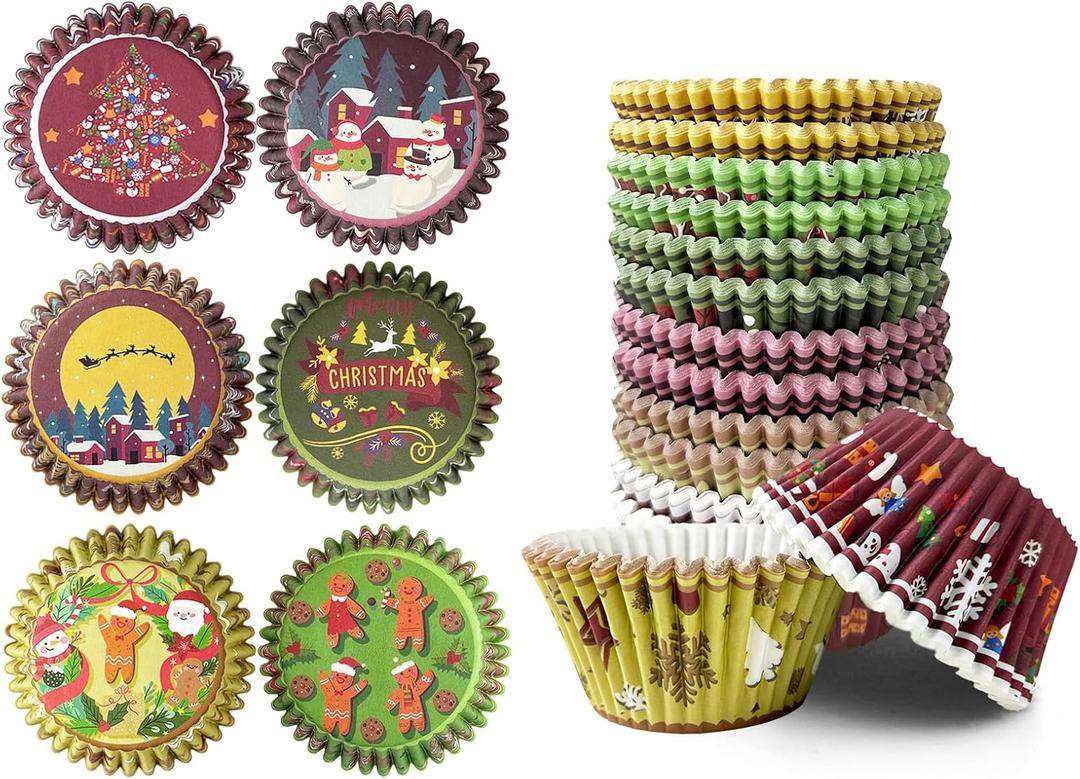qiqee Christmas Jumbo Cupcake Liners 300PCS Cupcake Liners Cupcake Cups 6 Designs Christmas Gingerbread Man Cupcake Papers Baking Cups Cupcake Wrappers (Large Size)