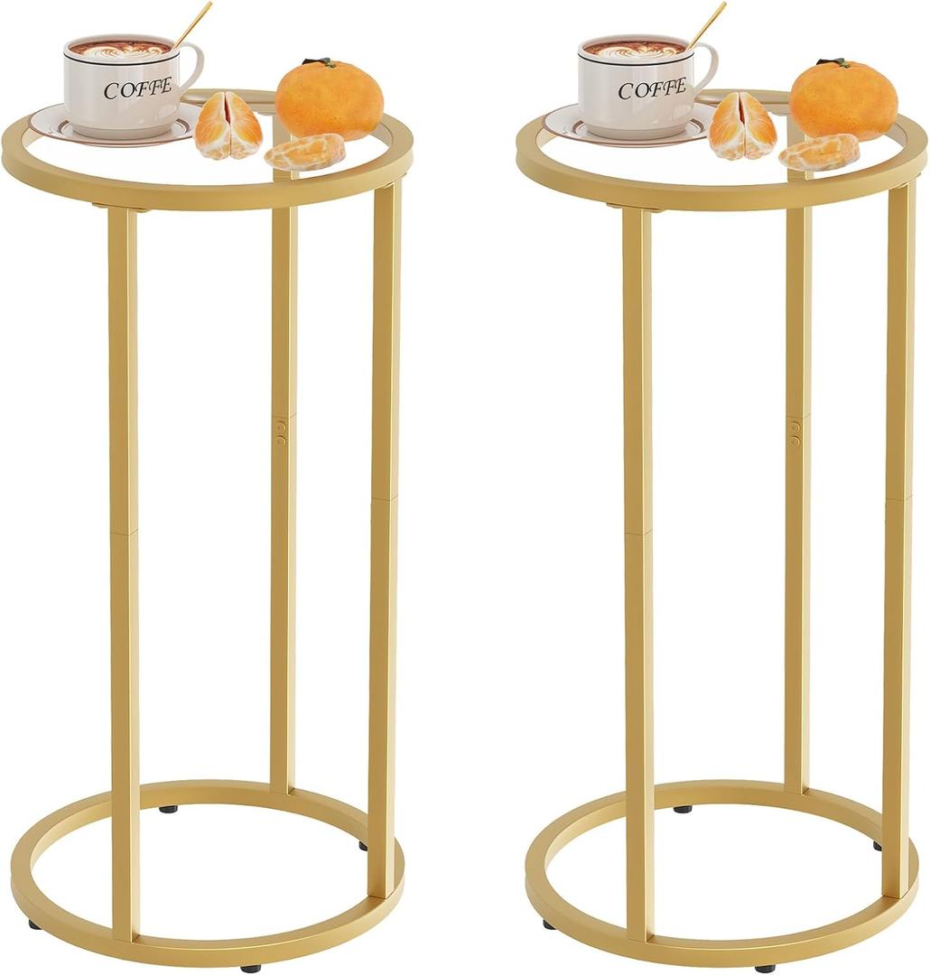 Easy Paws C Table Side End Table,Glass Couch Side Tables for Living Room, Round Sofa End Table with Metal Frame, Small Snack Table for Bedroom, Small Spaces, Easy Assembly (Gold,2pcs)