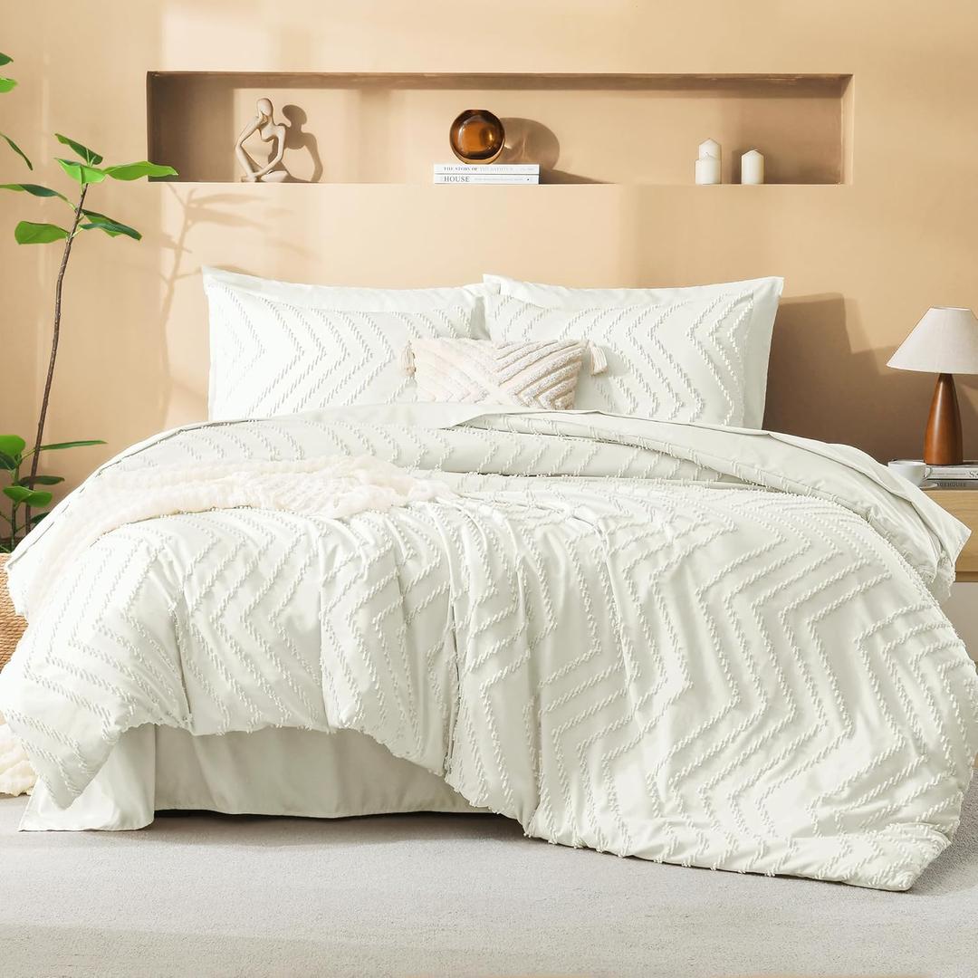 Litanika Ivory King Size Comforter Set with Sheets - 7 Pieces Bed in a Bag King Boho Tufted Complete Bedding Sets with Comforter, Sheets, Pillowcases & Shams (King (104"x90"))