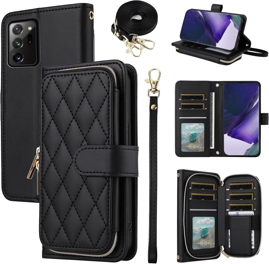 Wallet Case for Samsung Galaxy Note 20 Ultra 5G with Wrist Strap, 9+ Card Slots Zipper Purse, PU Leather Stand Phone Cover for Note20 Plus Notes 20Ultra Note20+ U + 20+ Twenty Not S20 Black