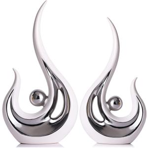 LCCCK 2-Pack Modern Abstract Art Home Decor Accent, Contemporary Statues Coffee Table Decor for Living Room, Dining Room Centerpieces, Ceramic Sculptures and Silver Knick Knacks for TV Stand Decor