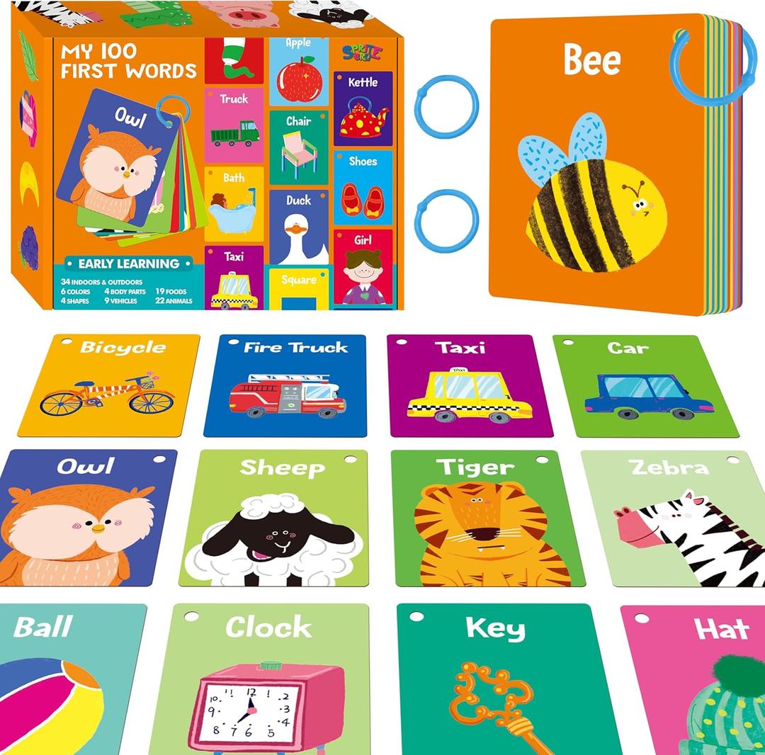 50 PCS First Word Flashcards, Double Sided Learning Cards Alphabet, Foods, Animals, Shapes, Colors, Vehicle, Body Parts with 2 Reclosable Rings, Learning Tool for Pre-K Kindergarten Toddlers