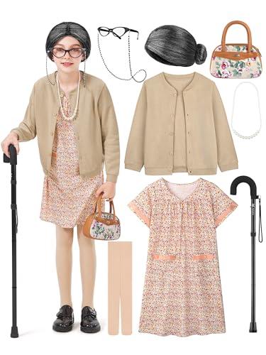 FancyFun 3 Pcs Old Lady Costume for Kids, Girls 100 Days of School Costume Granny Grandma Wig Dress Glasses Cane Accessories Set E 3-4T
