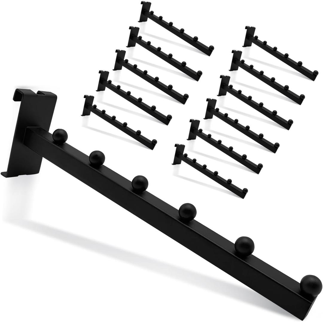 12-Pack Heavy Duty Gridwall Hooks, Black, 12 Inch with 6 Balls - Waterfall Display for Clothing Retail & Garage Organization, Panel & Slatwall Accessories
