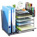 File Organizer for Desk, 6 Tier Desk Organizer Paper Tray with File Holder Pen Holder, Mesh Office Desk Accessories & Workspace Organizers