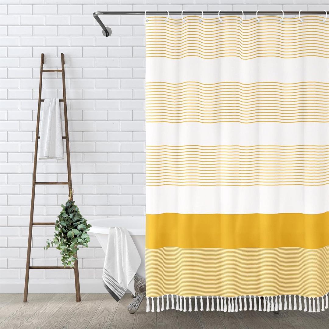 Awellife Boho Yellow Shower Curtain for Bathroom Farmhouse Cotton Stripe Tassel Shower Curtain Natural Texture 72" L x 60" W