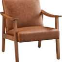 Yaheetech PU Leather Accent Chair, Mid-Century Modern Armchair with Solid Wood Legs, Reading Leisure Chair with High Back for Living Room Bedroom Waiting Room, Light Brown