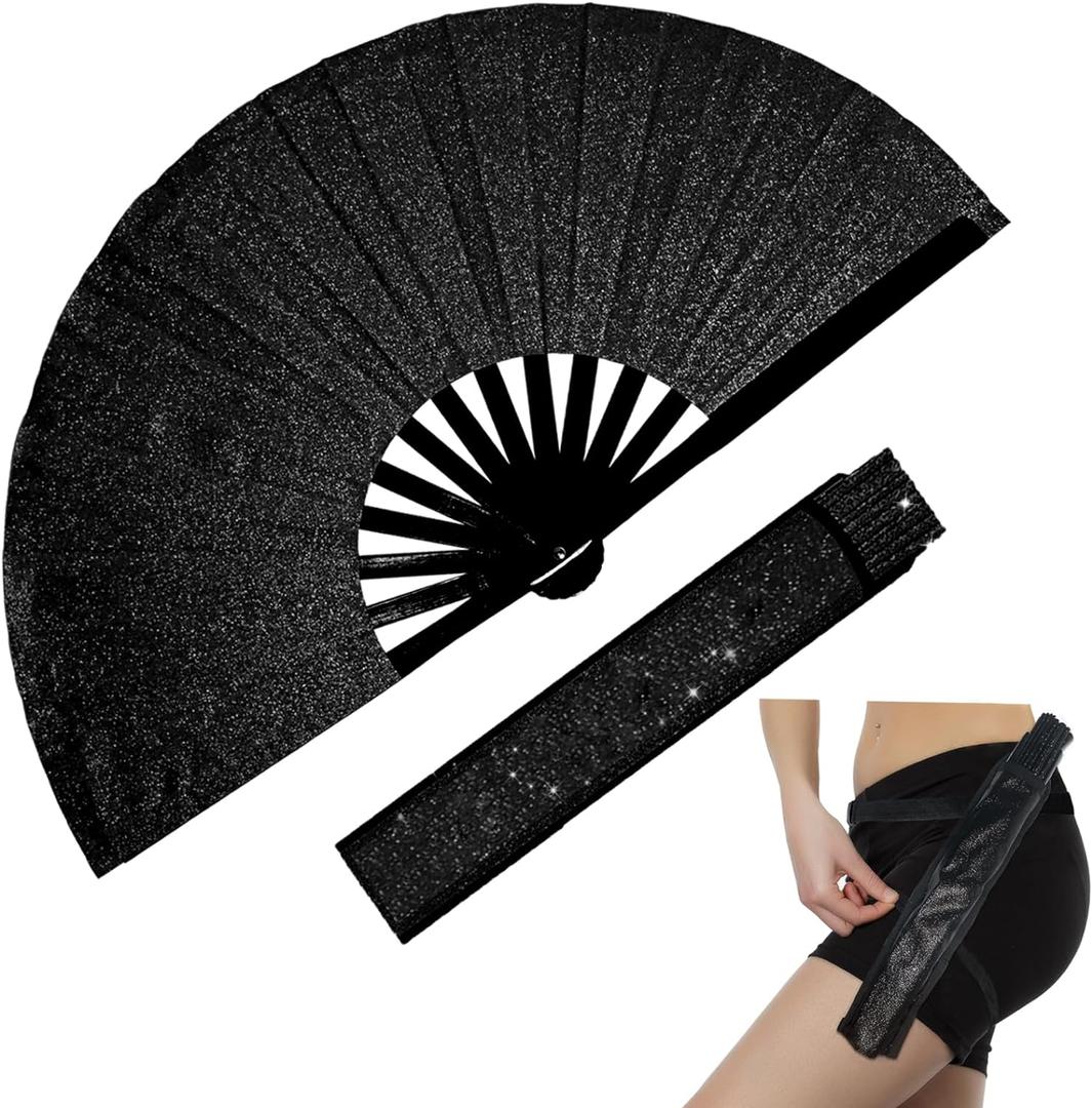 Dmjuncong Large Folding Glitter Rave Fan,Clack Handheld Fan with Leg Strap and Fabric Case Bag,for Line Dancing,Festivals,Carnival,Rainbow Outfits,Disco Party,Home Decoration and Many Occasions.Black