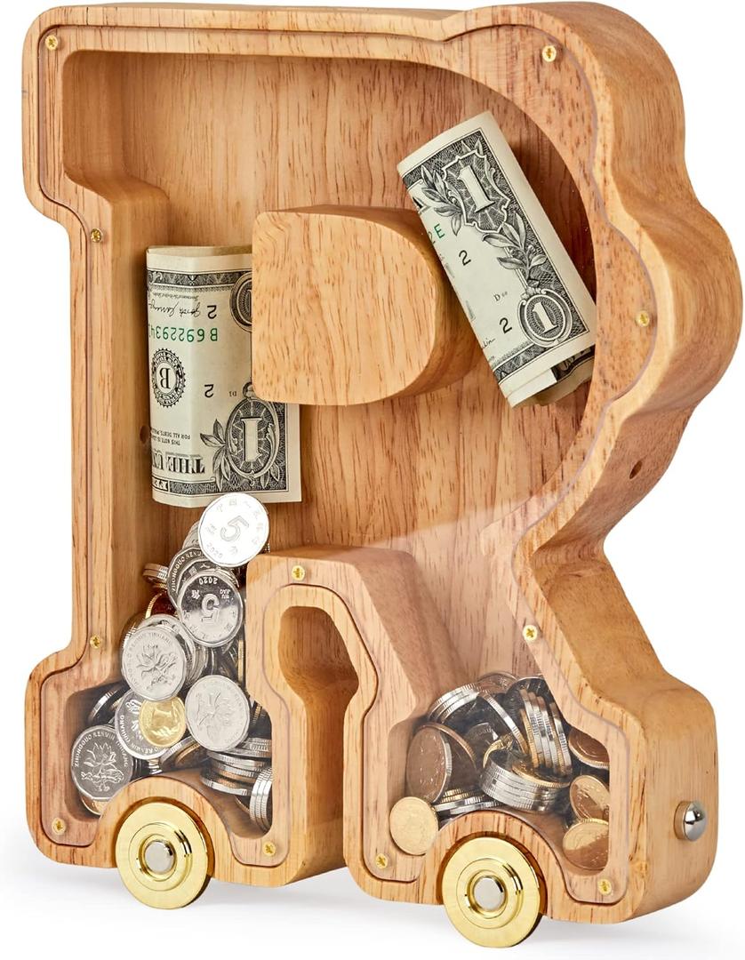Wooden Letter Piggy Bank, Inter-connectable Piggy Bank for Kids Boys Girls, Alphabet R Money Bank Toy with Wheels, for Kids (Initial-R)