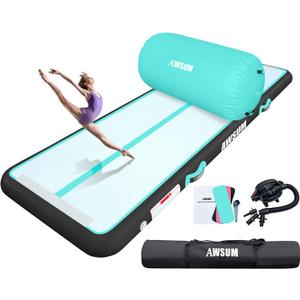 AWSUM 10ft /13ft Gymnastics Mat with Air Roller Tumbling Barrel Back Somersault Backbend Trainer for Inflatable Gymnastics Springboard Back Handspring Equipment, with Electric Pump (10ft*3.3ft*4in&(L)40in*(Diam)23.6", Mint Green/Black+Green Roller)