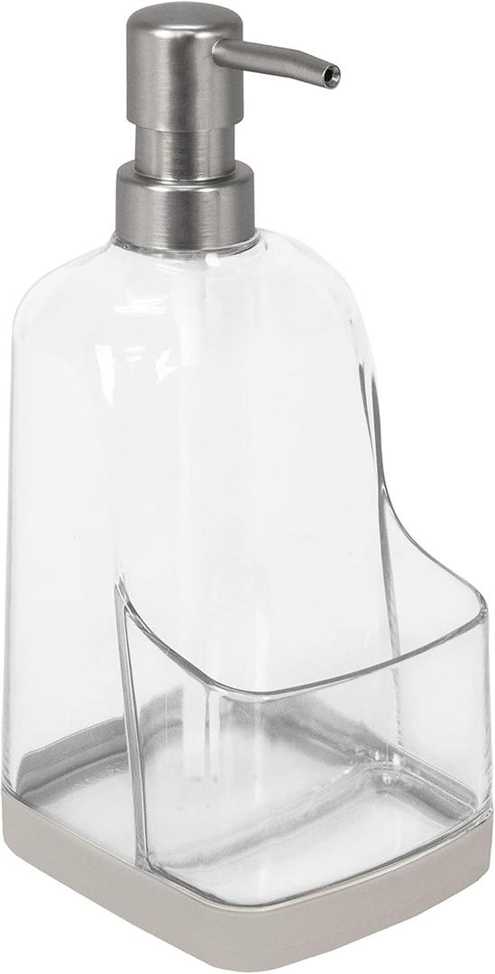 Spectrum Cora Kitchen Soap Dispenser with Sponge Holder for Kitchen Sink Organization, Easy to Clean Soap Pump Sponge Holder Storage Compartment Plastic Sink Caddy with Grip Base, Warm Gray & Clear