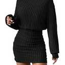 Women's Pullover Sweater Dress Long Lantern Sleeve Turtle Neck Cute Ribbed Knit Bodycon Mini Short Dress 2025 Fall (Black)