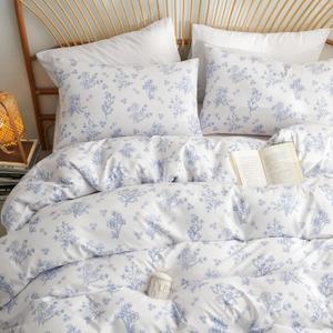 Blue Floral Duvet Cover Full Size White Floral Bedding Set 3 Pieces Soft Breathable Spring Botanical Garden Aesthetic Cottagecore Reversible Comforter Cover with Zipper Closure and 2 Pillowcases, 80"x 90",(203 x 228cm)