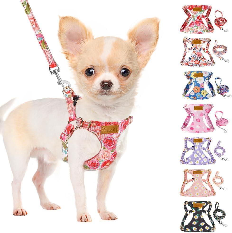 SlowTon No Pull Dog Harness with Leash - Soft Lightweight Floral Pattern Puppy Harness, Adjustable Pet Harness for Dogs (Pink Rose XS)