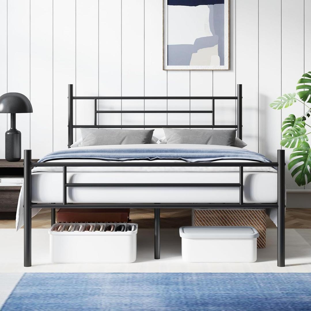 Avenco Metal Platform Bed Frame Full Size with Classical Headboard and Footboard, 14 Inch, Under Bed Storage, Strong Metal Slats Support, Mattress Foundation, No Box Spring Needed