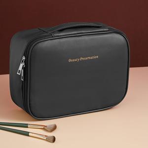 Travel Makeup Bag, Large Capacity Cosmetic Bags for Women, Portable Waterproof Travel Makeup Organizer with Adjustable Divider and Handle, Black