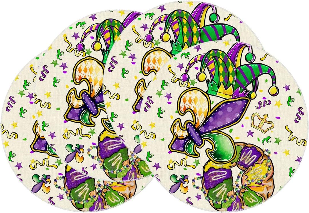 XCHI Doughnuts Iris Fleur De Lis Hat Mardi Gras Round Placemats Set of 4 Carnival Table Mats for Masquerade Party Home Kitchen Dining Table Decorations 14x14 Inch