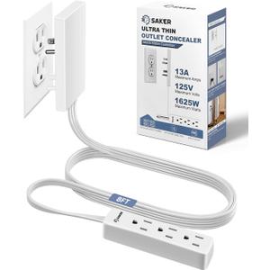 Saker Outlet Concealer Power Strip, 8ft Ultra-Thin Extension Cord with 3 Outlets,1625W, Low-Profile Flat Plug, Wall-Hugging Design for Home, Office, and TV Setup (8ft)